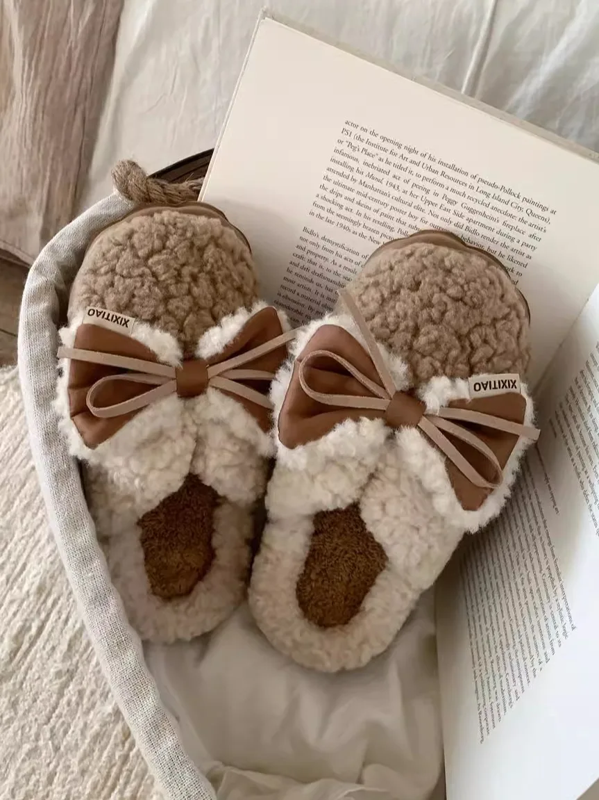 

Warm Fce Winter Home Slippers Women's Knot Cotton Slippers Thin Strips Korean Retro Color Blo House oes