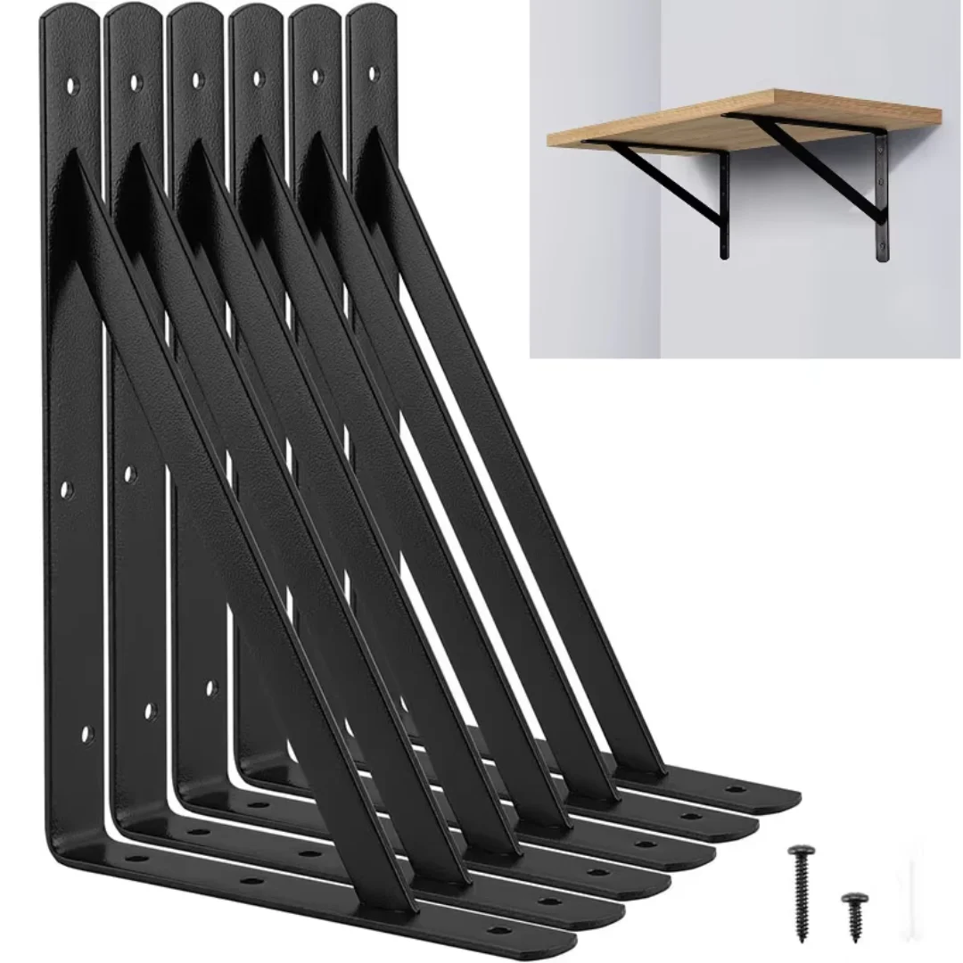 6PCS Shelf  Floating Shelf Tripod Bracket Heavy Duty Black Steel for Decorative Wall Mount Joint Angle with Screws