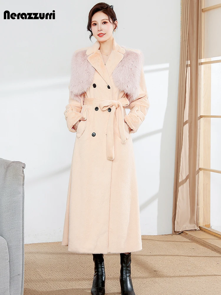 

Nerazzurri Autumn Winter Long Pink Soft Fluffy Faux Fur Coat Women with Detachable Fake Fox Fur Vest Luxury Designer Clothes