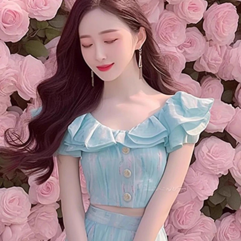 อารมณ์หวานและสดสีฟ้า Feifei แขนเสื้อกางเกงสองชิ้นชุดสตรีแฟชั่นพร็อพฤดูร้อนสูท