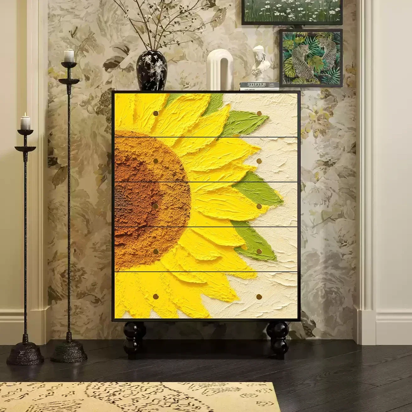 Oil painting texture painted solid wood bedroom chest of drawers living room storage drawer cabinet living room decorative entra