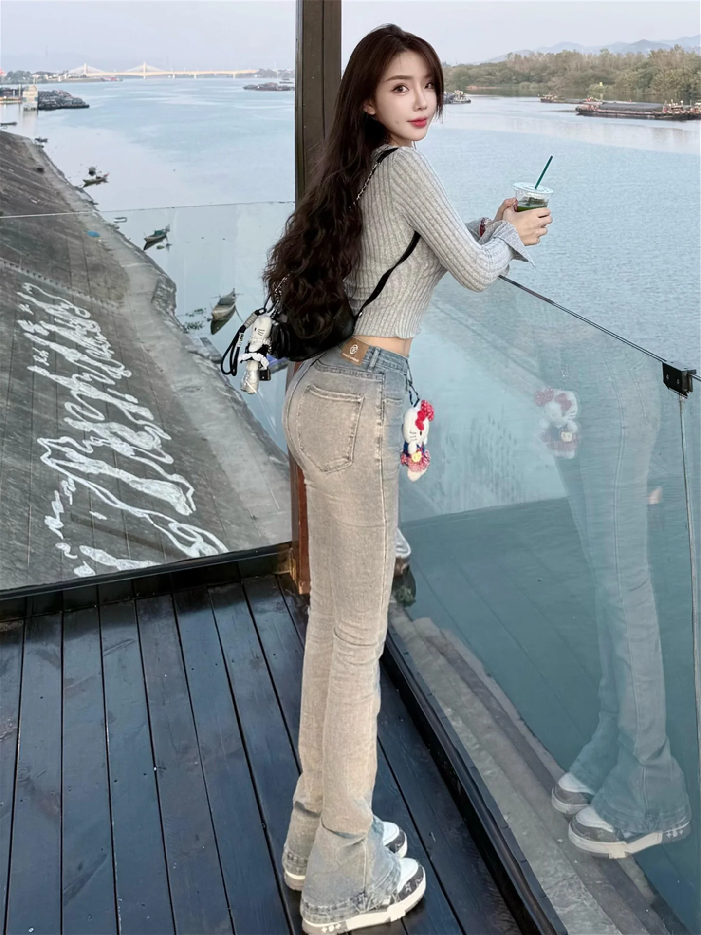 

Ретро светло-голубые женские джинсы скинни с высокой талией, расклешенные, эластичные, повседневные, хлопковые, удлиненные