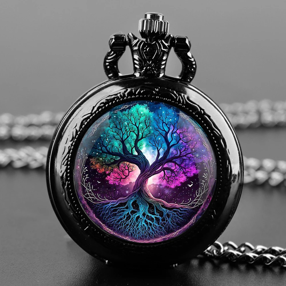 Magic Tree Glass Dome Quartz Pocket Watch With Durable Chain Arabic Numeral Dial Creative Gifts for Men Women