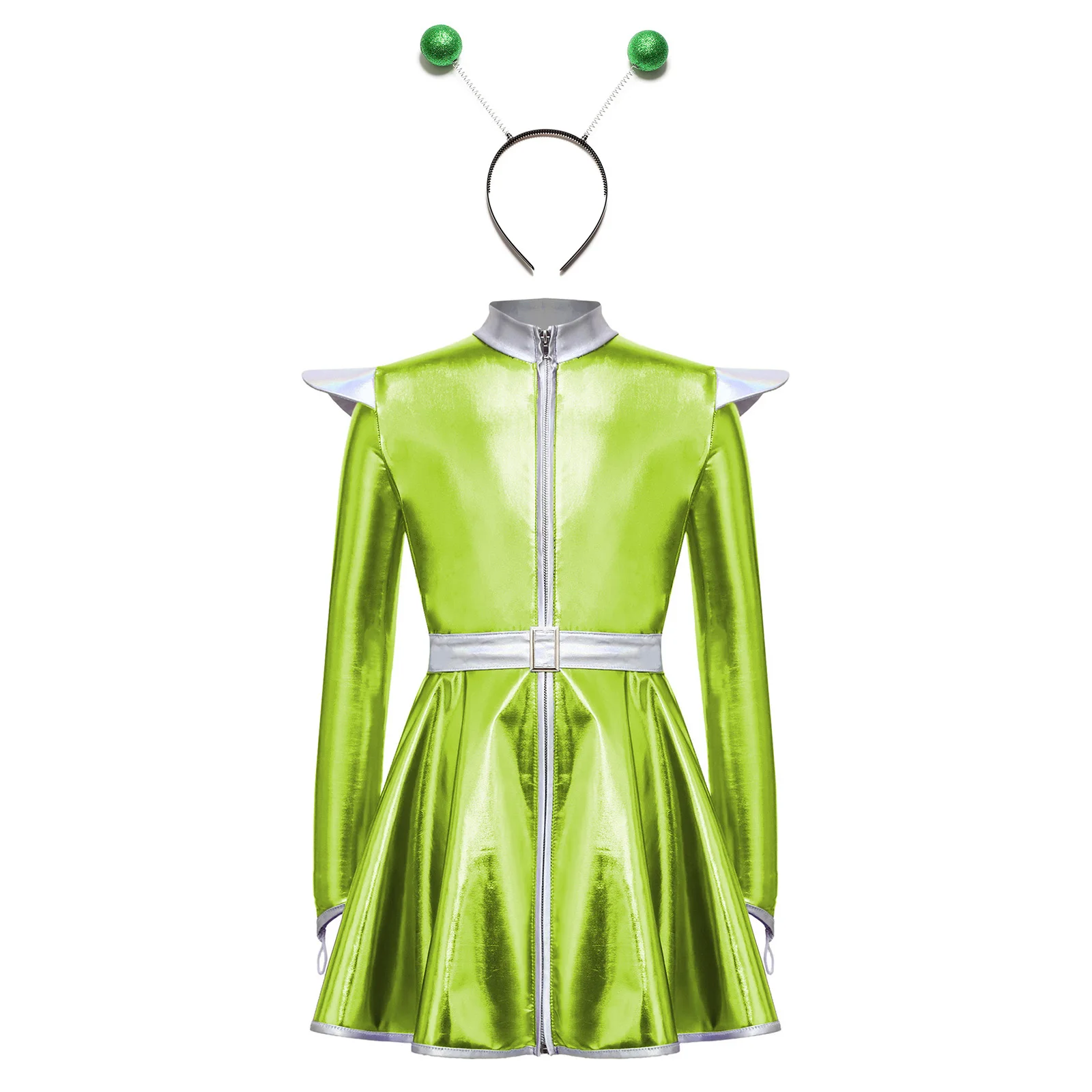 Kids Girls Alien Robot Cosplay Costume Metallic Long Sleeves Zipper A Line Dress with Hair Hoop for Halloween Outer Space Party - view 3