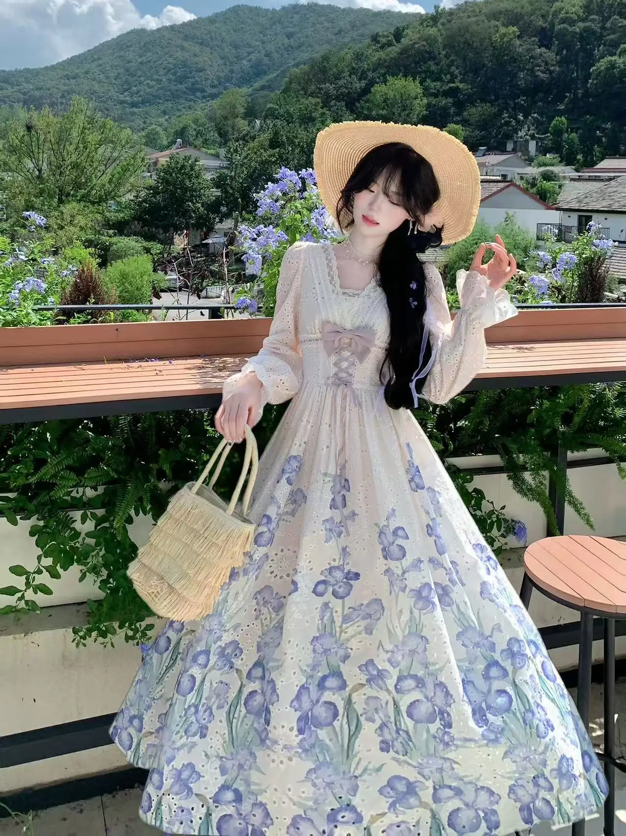 Autumn French Vintage Elegant Moriko Style Dress Women's Printed Cutout Bowknot Long Dress High-end Romantic Party Clothing 2025