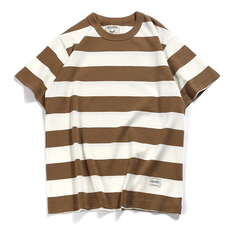 New American Retro Amikaji T-shirt Heavy 100% Cotton Prisoner Large Striped T-shirt Men's Short Sleeve Thick Simple Soft Tops