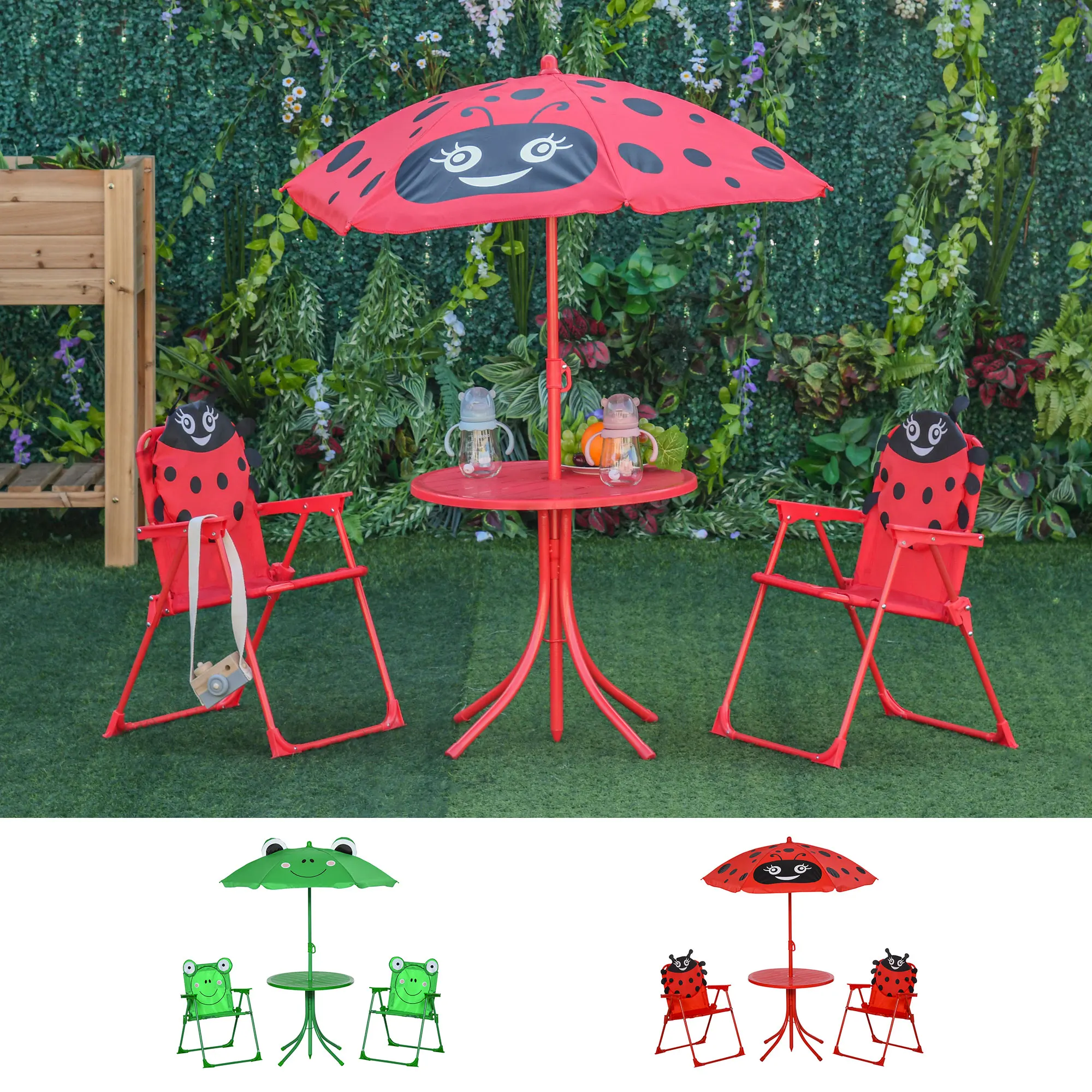 Outsunny Mesa y Sillas Infantil de Jardín Plegable con Sombrilla Ajustable
