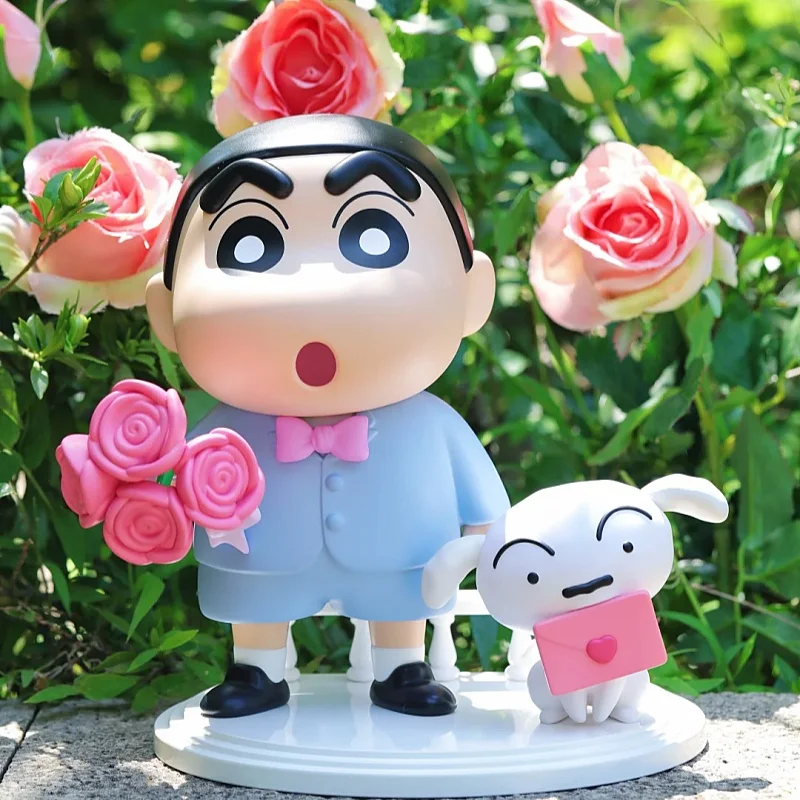 Figura auténtica de Crayon Shin Chan de Funism con ramo de rosas románticas, decoración de escritorio con perro Shiro, regalo para novia, propuesta de matrimonio