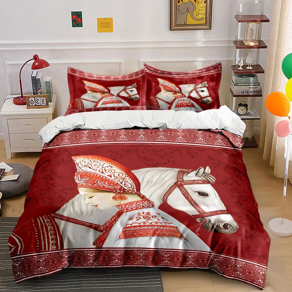 

Traditional attire and white horse artwork Printed Duvet Cover Set 1 Duvet Cover+2 Pillowcase Multi Size Bedroom Bedding Decor