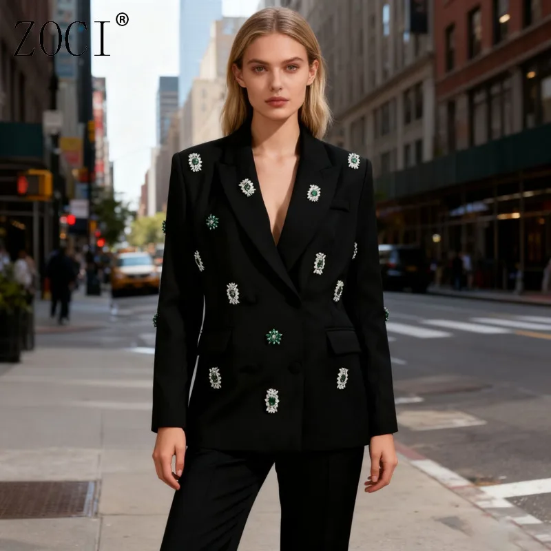 

ZOCI женский пиджак с инкрустацией кристаллами, лоскутный пиджак, офисные женские пальто с зубчатым воротником, уникальный дизайн, новинка осени 2023 г.