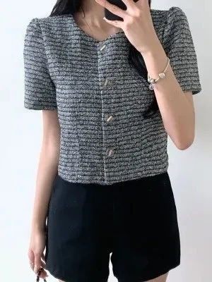 Coreano Chic Estate ort Puffer Jaet Donna Loose Fit rotondo Ne Bottone singolo Bubble Sve Maglieria accogliente Primavera Autunno