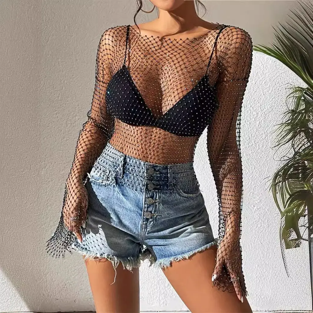 

Summer Grid Flash Women's T-shirt Diamond Detailing INS Style Top for Ladies Supply Y1122