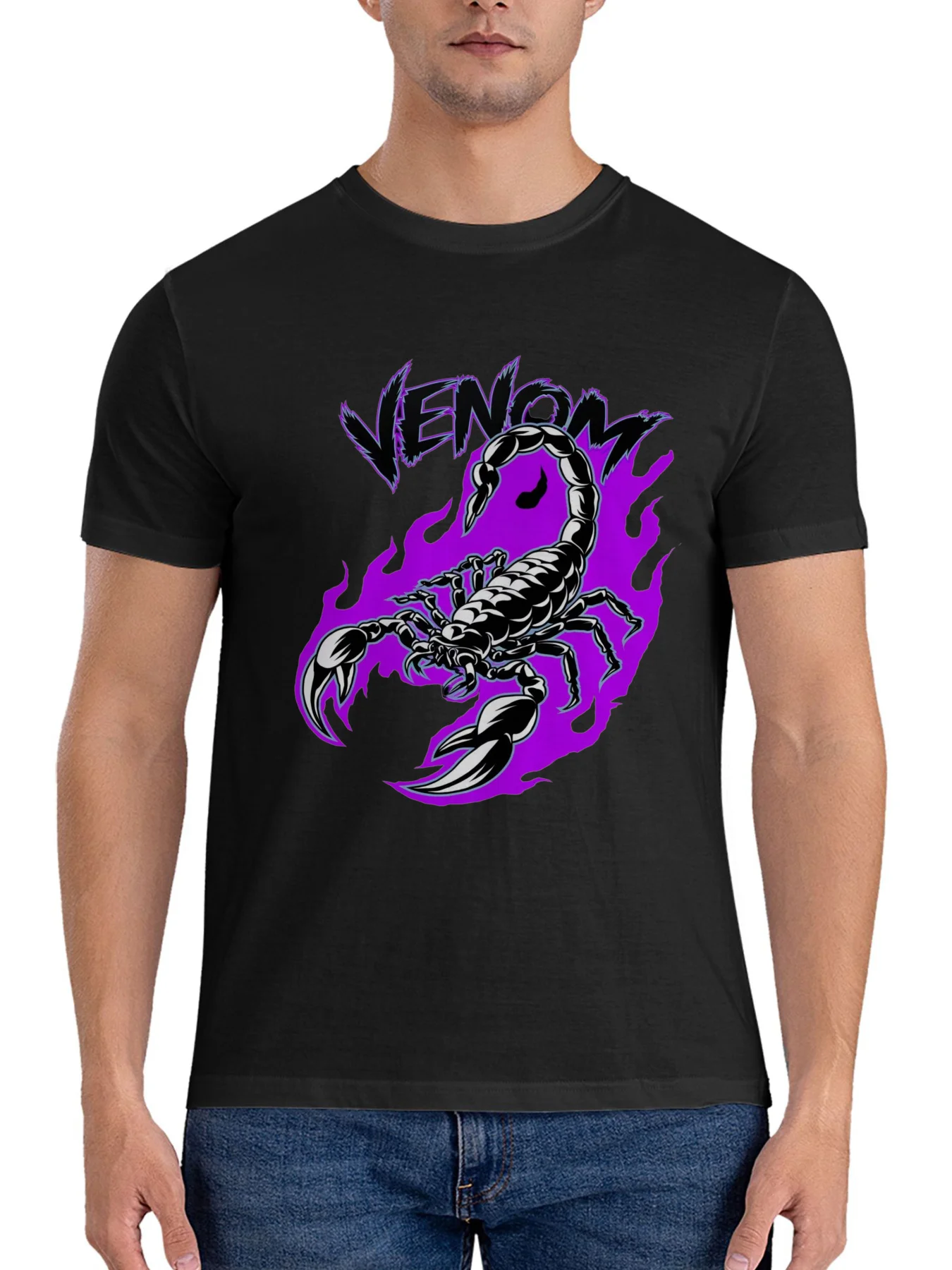 

Мужская футболка с рисунком Venom Scorpion, черная футболка с короткими рукавами и фиолетовым пламенным дизайном, повседневная летняя рубашка обычного кроя