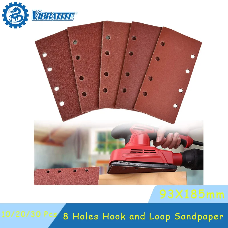 93 x 185 mm 8 Hole Red Hook and Loop Sandpaper 10/20/30 Pcs Assorted 60-2000 Grits for Polishing Metal Wooden Plasticle Leather