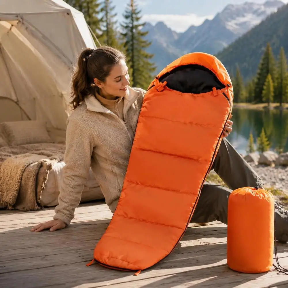 Sac de couchage pour adultes 210 x 80 cm en polyester avec rembourrage en PP, fermeture éclair double face, capuche réglable, sac de compression compact, gain de place pour le camping, la randonnée, la marche, les voyages