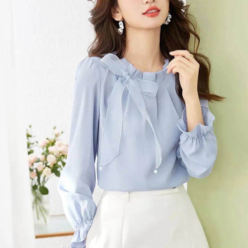 Elegant O-Neck Folds Lace Up Beading Bow Blouses Women\'s Clothing 2023 Autumn Winter Office Lady Tops Princess Sleeve Shirts