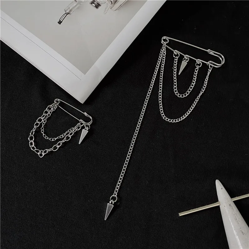 Personality Fashion Silver Rivet Tassel Brooches For Men Women Trendy Geometric Stainless Pin Jewelry Party Office Unisex Gift