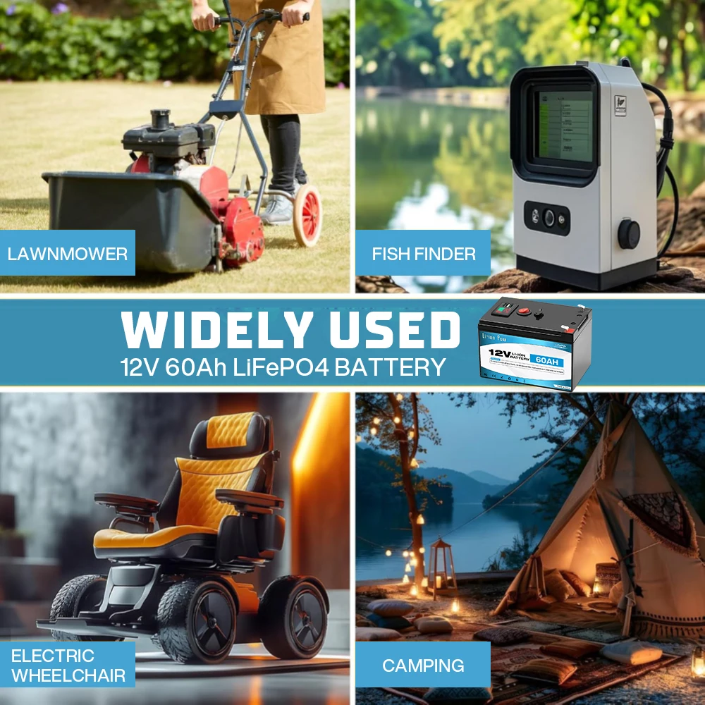 12V 60Ah Lithium LiFePO4 Deep Cycle Battery for Solar,Fish Finder, Power Wheels, Lighting, Off-Grid Applications Built-in BMS