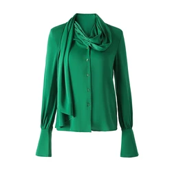 Special Design New Summer Fresh Color High Street Scarf Collar Green Women Shirt Qaulity Elegant Fitness Blouse