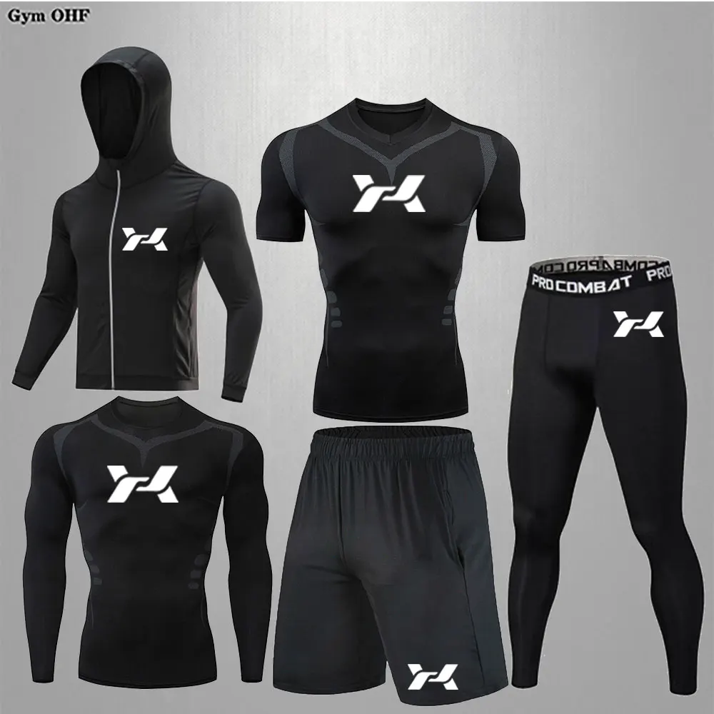 Compression Sets Men Gym Fitness Running Bodybuilding T Shirt Rashguard MMA Jiu Jitsu Sports Perspiration Track Suit Black Set