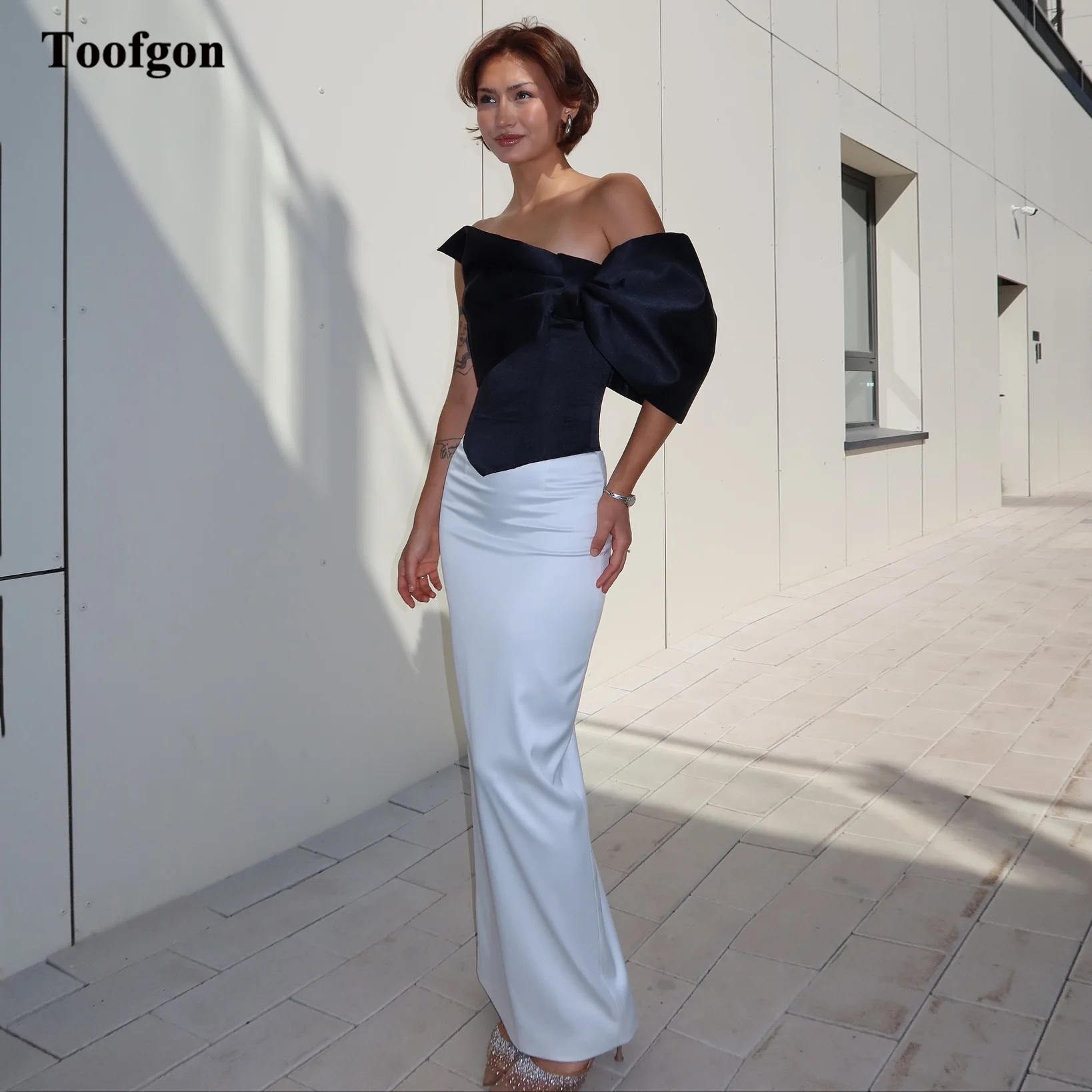 

Toofgon White Black Satin Long Prom Dresses Customized Mermaid Bow One Shoulder Formal Party Evening Dress Special Occasion Gown