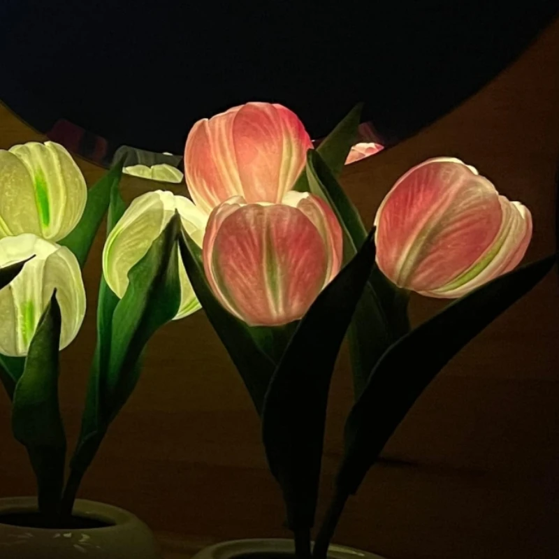 2-Pack Reading Sculptures Tulip Lamp – Battery-Powered Resin Night Light, Abstract Shelf Decor For Living Room Office (Pink + White)
