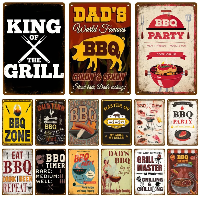 Letrero Metálico Retro Vintage 'Grill King' para Barbacoa en el Patio, Decoración para Bar, Pub, Jardín, Placa de Pared 'Dad's BBQ' Chillin&Grill