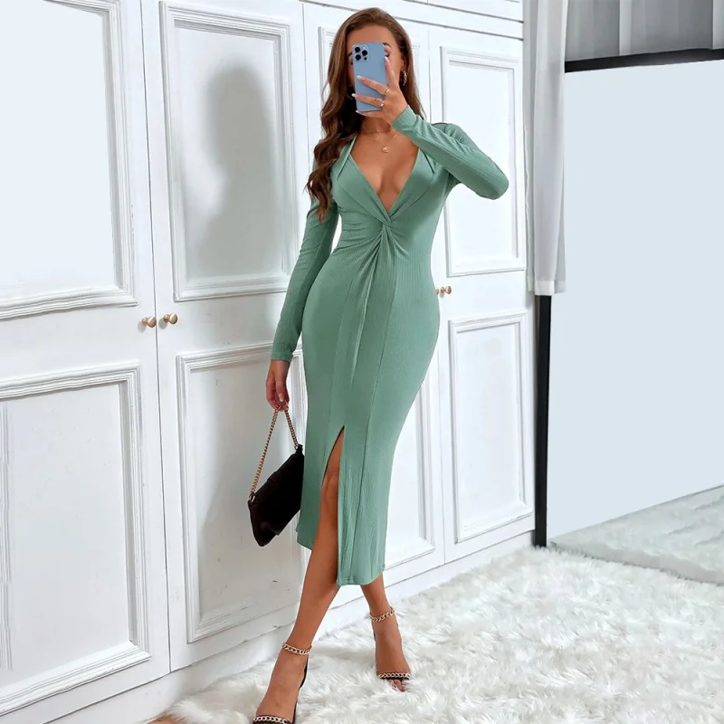 YQ1-Women's Spring Summer Elegant Commuting Sexy Slit Slim FitvLong Sleeve Dress with Collar Mid-Length Bodycon Dress