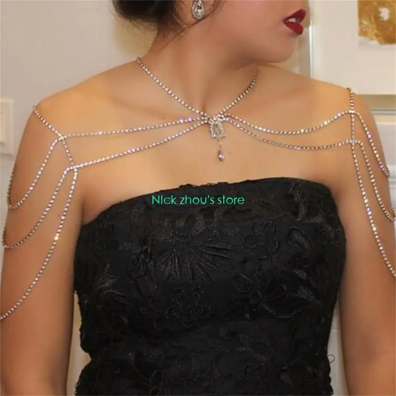 E15E سلسلة كتف شرابات متعددة الطبقات للرجال والنساء للجنسين سلسلة خلفية مع أحجار الراين قلادة مثيرة مجوهرات الحفلات المسائية #5