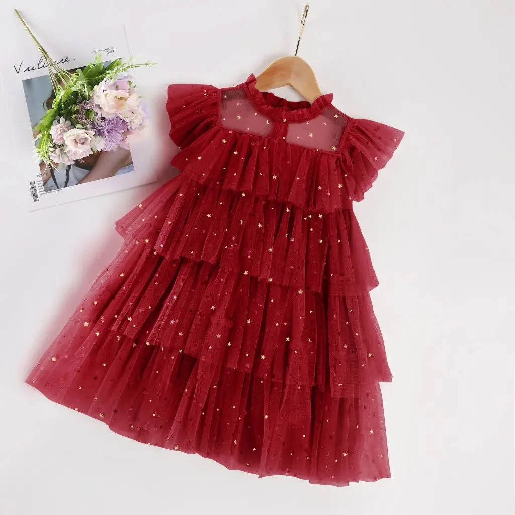 

Girls' mesh dress 2025 summer outfit new children's cake princess dress star sequin summer dress