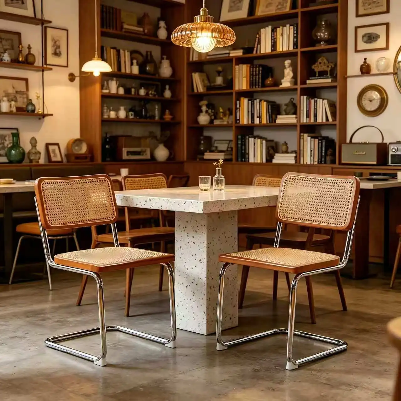 Rosahqnda Set aus 2 Breuer Cantilever Esszimmerstühlen im Mid-Century-Stil, geflochtene Rattan-Holz-Akzentstühle mit verchromten Stahlrohrbeinen, für Esszimmer, Küche, Wohnzimmer, Café,