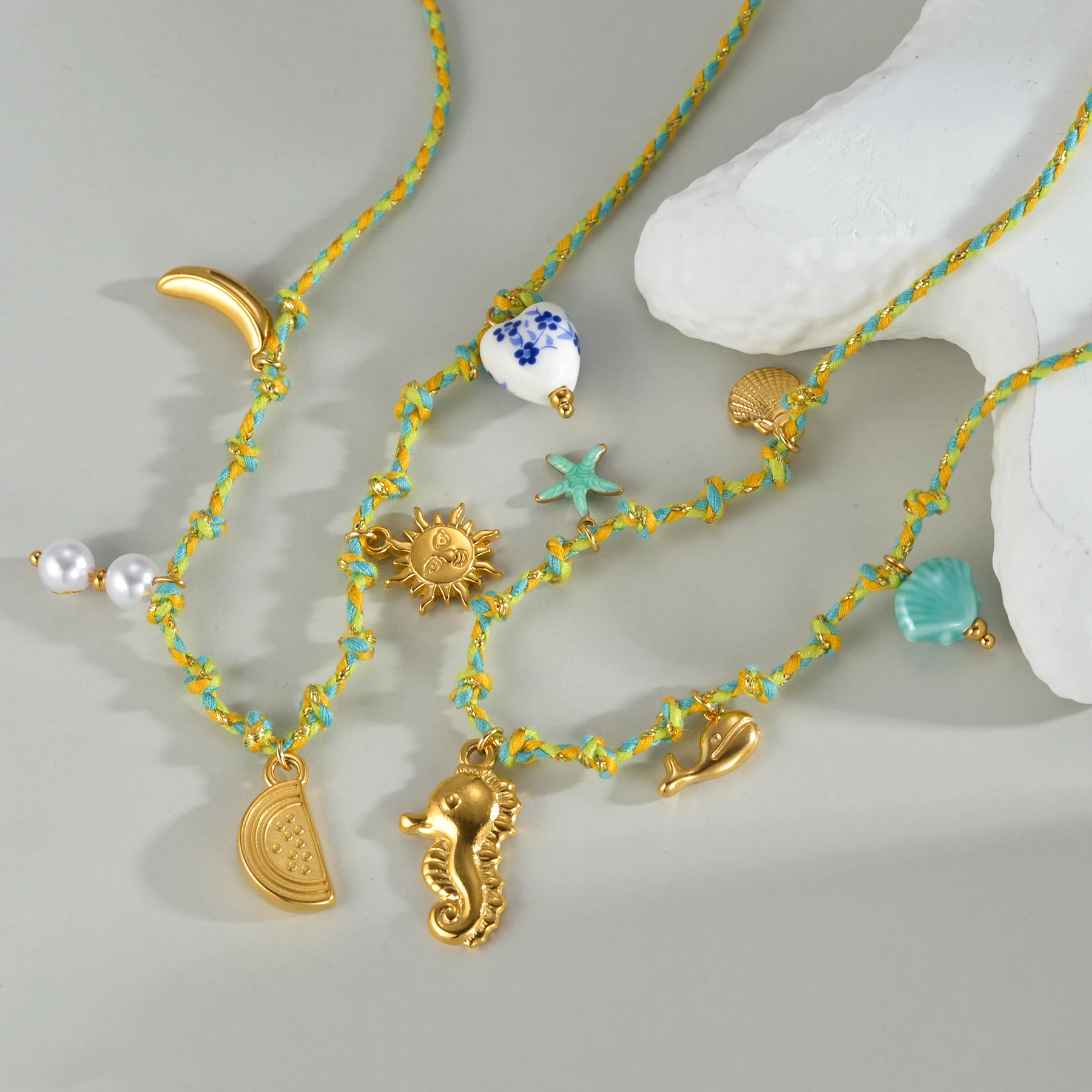 Trendy 18K Gold Plated Shell Starfish Conch Charm Necklace Stainless Steel Ceramics Shell Fish Pendant Necklace Jewelry Gift