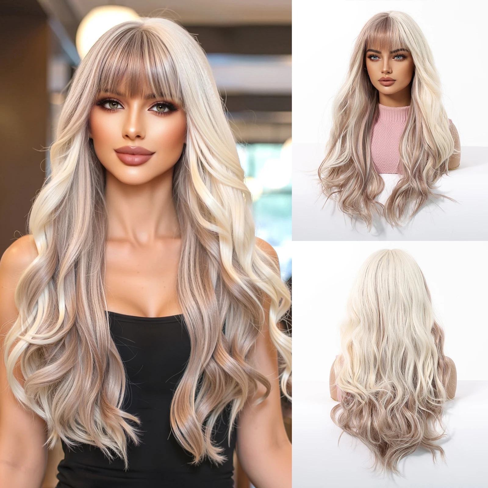 

Длинный вьющийся синтетический парик Светло-коричневый смешанный блондин Парики для косплея с челкой Волосы для вечеринки на Хэллоуин для женщин Использование термостойкости