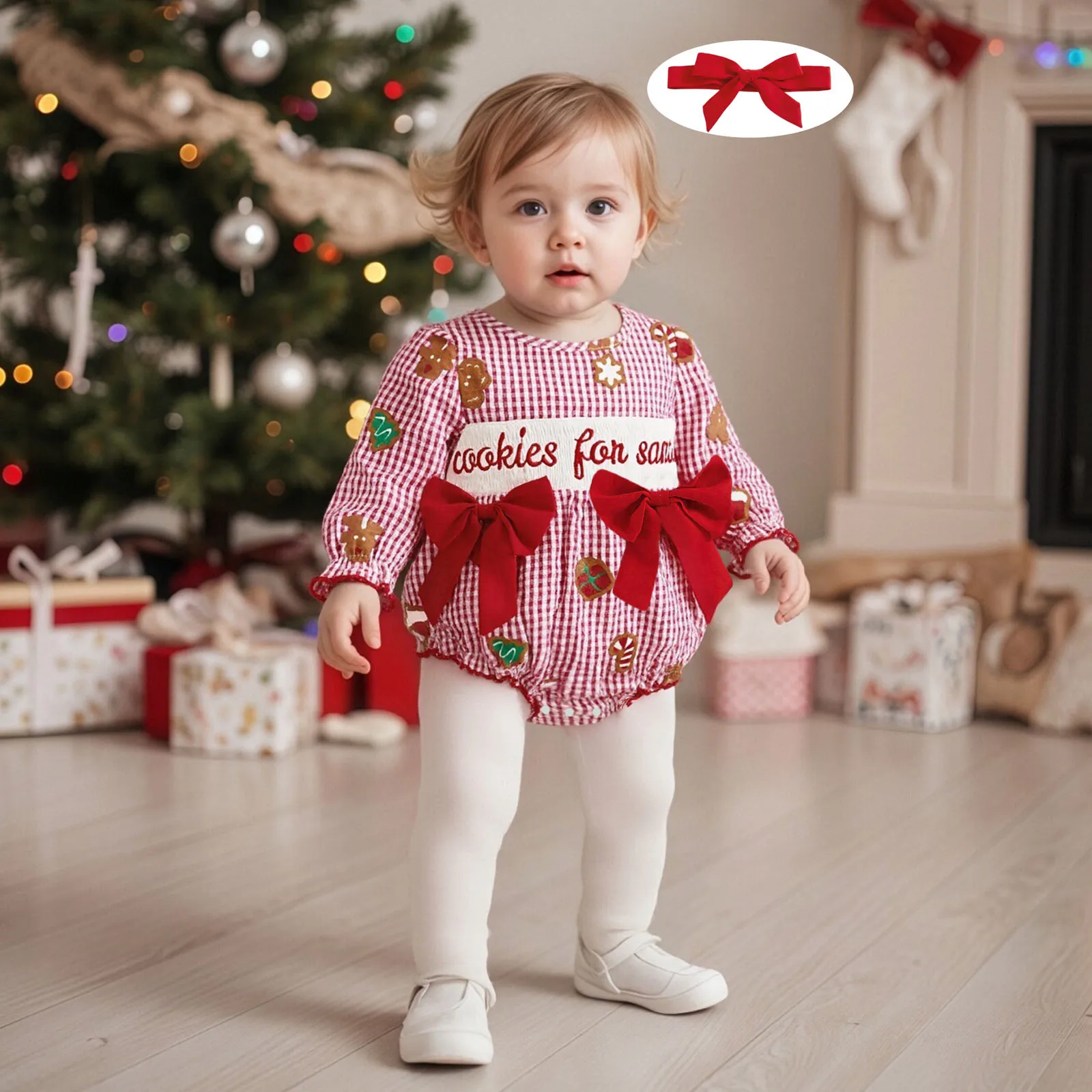 

Suefunskry Baby Girl Christmas Outfit Plaid Print Long Sleeve Round Neck Romper Bow Headband 2 Piece Set