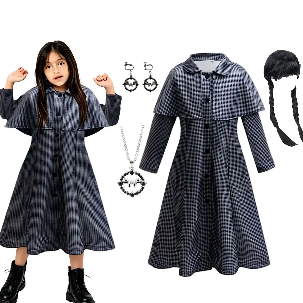 Soft Thin Plaid Trench Coat With Cape Kids Movie Role Play Costume for Halloween Weirdo Girls Gothic Detective Cosplay Dress up