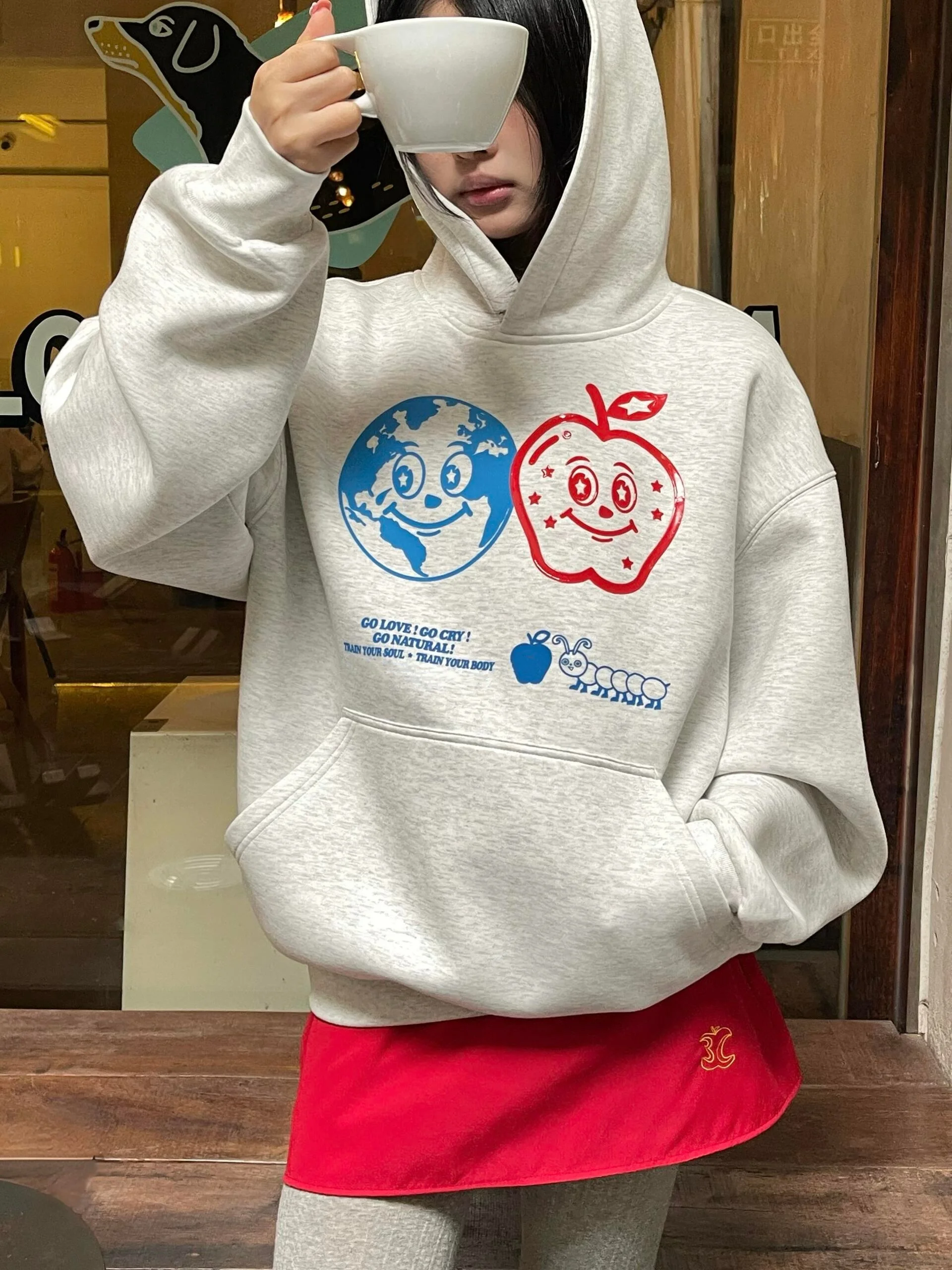 Felpa con Cappuccio Oversize in Puro Cotone Pesante con Stampa Retrò Americana Divertente, Maglietta Casual Comoda a Maniche Lunghe per Donna