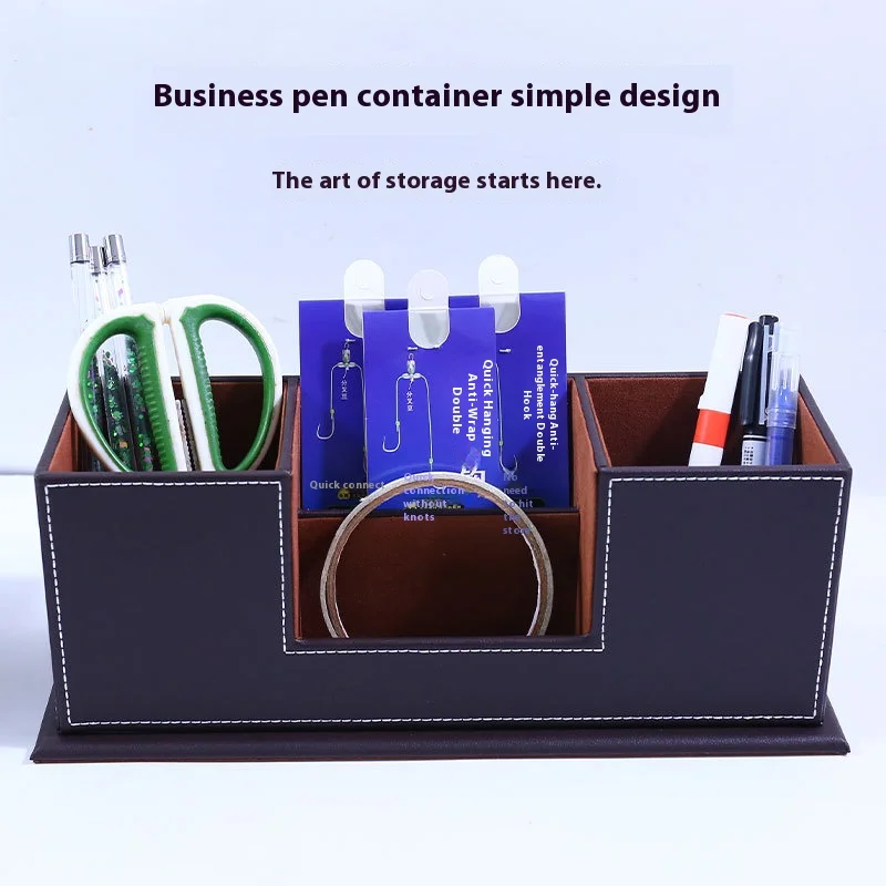 

Multifunctional PU Leather Desk Organizer - Pen Holder, Sticky Note & Business Card Tray, Double Slot Office Stationery