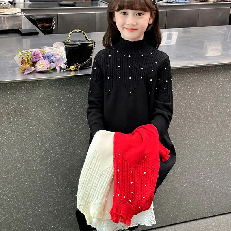 

Knitting Dress Kids Red Christmas Party Clothing White Black Winter Autumn Teenager Baby Girls Dresses Knitted Children Sweater