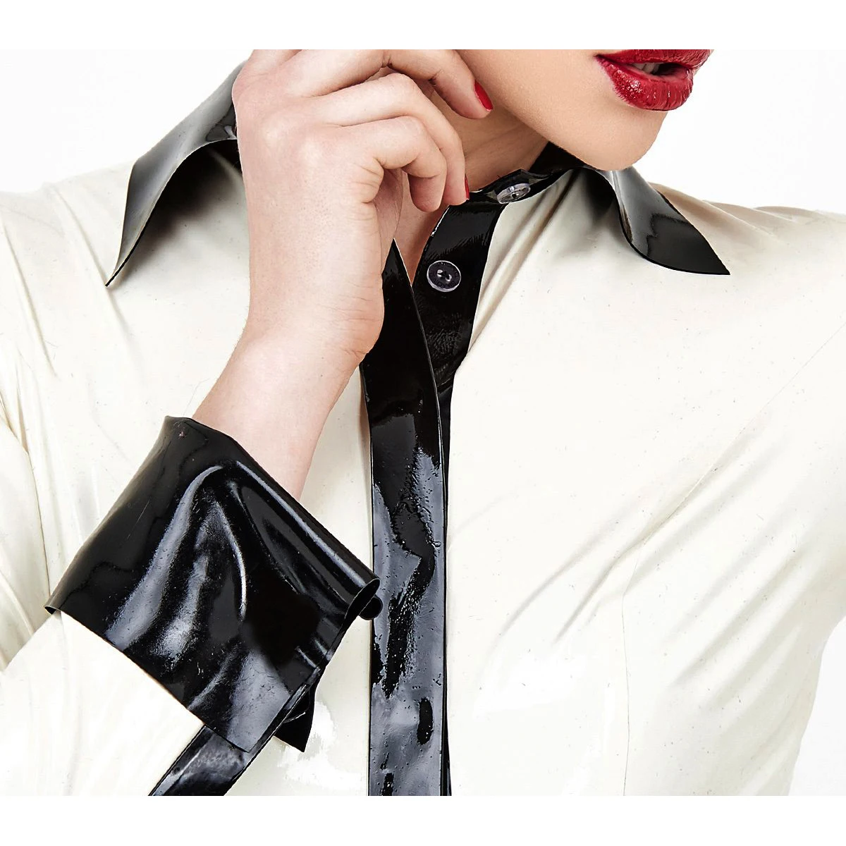 White And Black Sexy Latex Shirt With Buttons At Front Long Sleeves Turn Down Collar Rubber Blouse Top Clothing YF-0118