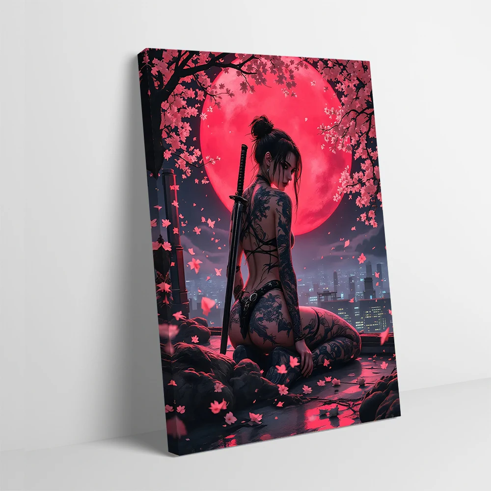 Tattooed Warrior Under Blood Moon Poster Customizable Printed Canvas Painting for Pictures Wall Art Gaming Room Decoration Home