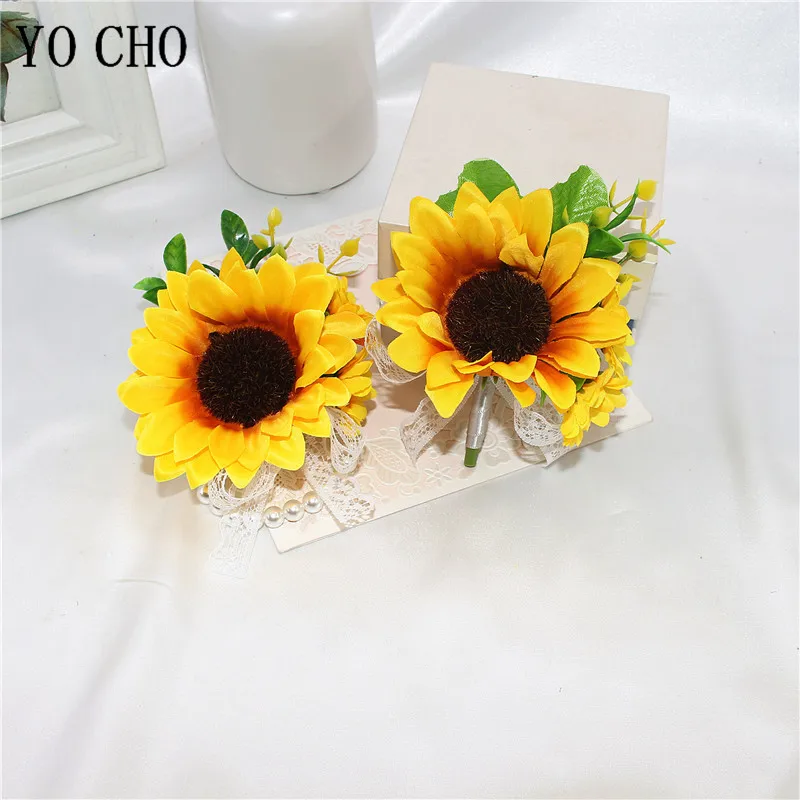 Boutonnieres Men Brooch Pin   Yellow Fake Sunflowers  Wrist Corsages   Bracelet   Men Corsage  Wedding Supplies   Accessories