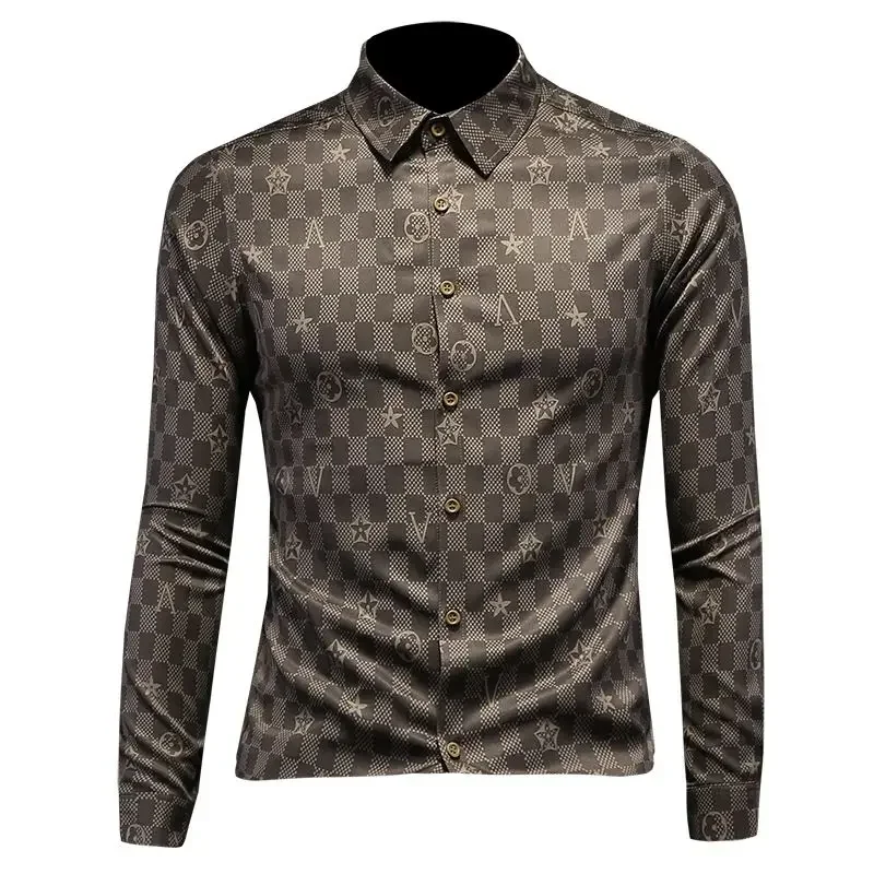 

Light Luxury Fashion Brand Chessboard Grid Casual Long-Sleeved Shirt Men's Spring and Autumn Print Slim-Fitting Iron-Free Shirt