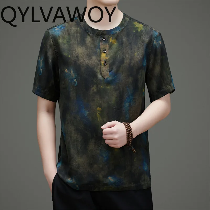 QYLVAWOY 100% Mulberry Silk Man T Shirts Printed Shirts New Summer Tops Men's Shirts Short Sleeve Tee Shirt Pour Homme Fashion