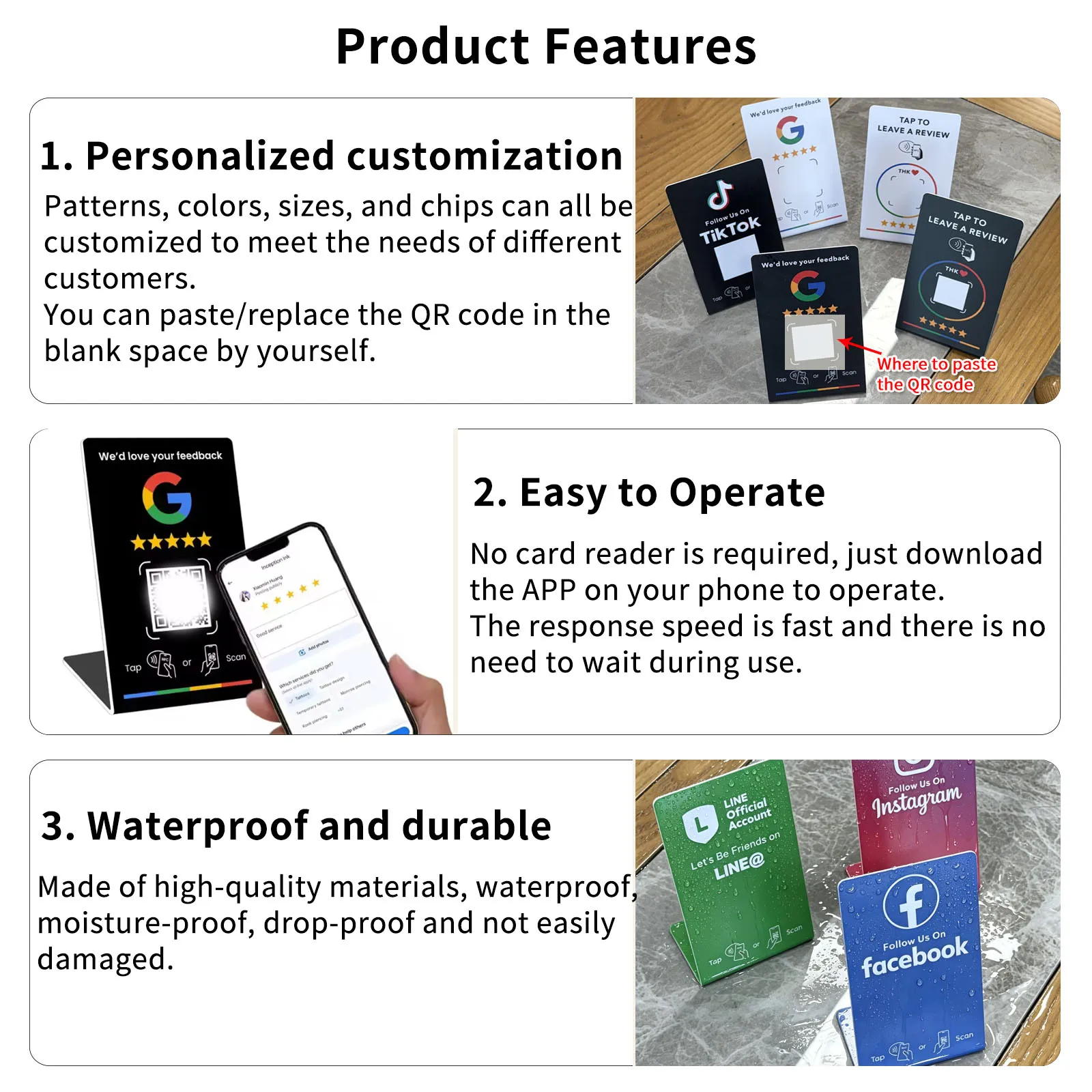 NTAG215 NFC Table Stand Card Programmable Google Review Display Stand 13.56MHz QR Code Feedback Sign For Store Shop Salon view 5
