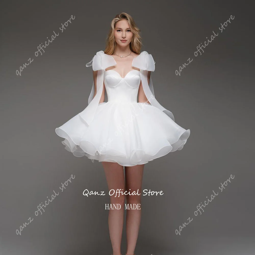 Qanz White Organza Wedding Dress Bow Straps Short A Line Sweetheart Party Dresses Lace Up BackVestido Blanco De Boda Customized