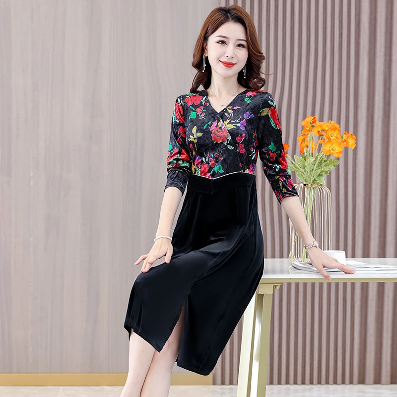 Faionable المخملية طويلة Sve Dr للنساء الأكبر سنا منتصف الخريف جديد Sle العرقية Sle تنورة V Ne فضفاضة تناسب مادة البوليستر #2