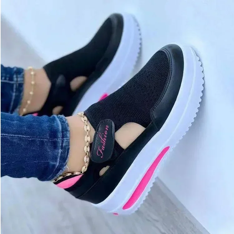 

2026 Summer women's breathable casual single shoes with sloping heel thick sole hollowed out round toe low top mesh shoes