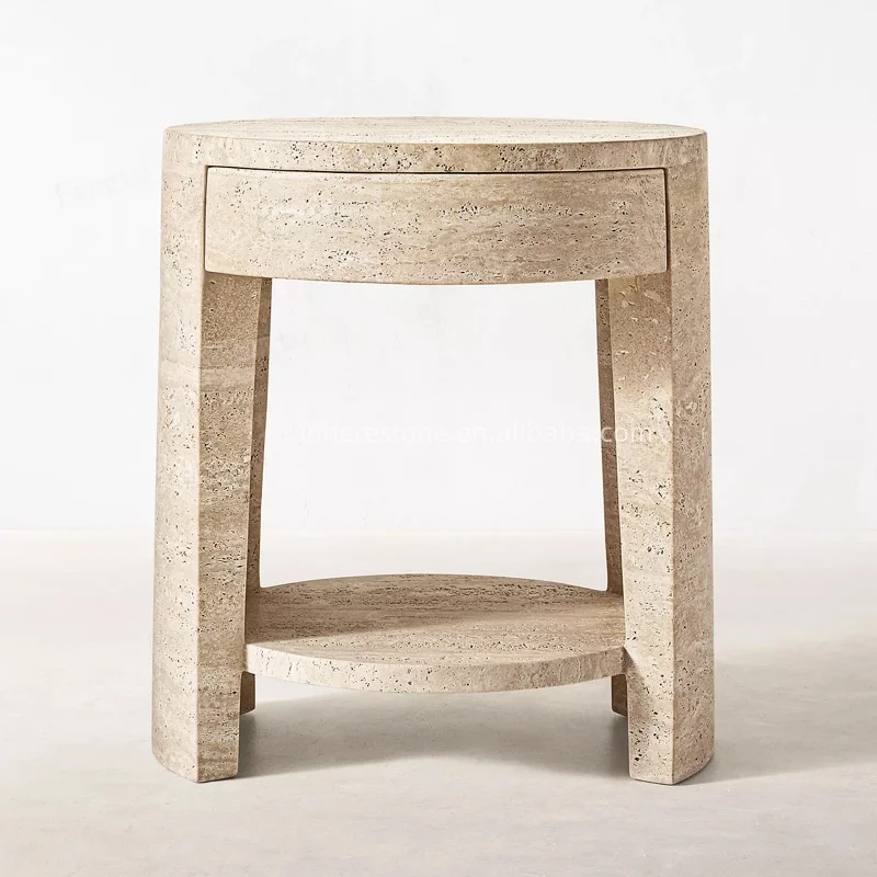 Modern Travertine Bedside Table with One Drawer for Bedroom Nightstand and Minimalist Interior Design