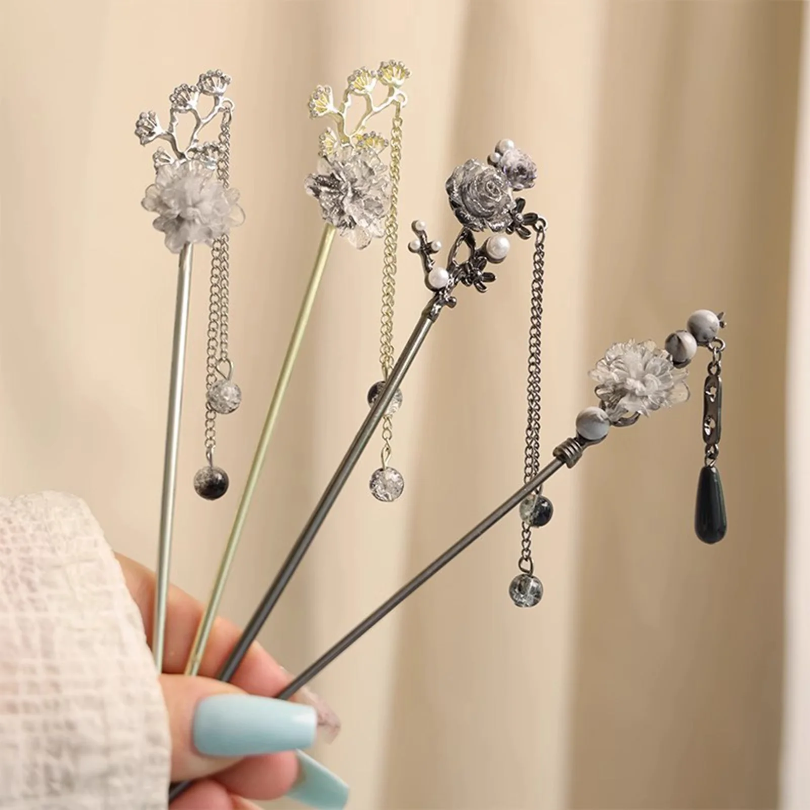 Elegant Flower Hairpin For Women Vintage Flower Pearl Tassel Hair Stick Metal Hanfu Chopstick Hair Accessories Hair Pins