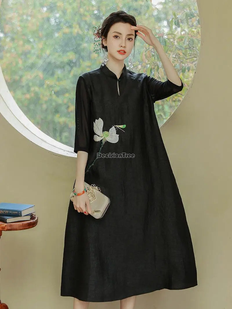 2025 chinese national style long cheongsam dress stand collar gauze dress women's new spring and summer fashion black qipao s488